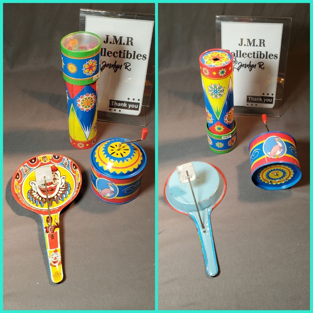 Lot of 3 Vintage Tin Litho Circus Clown Toy Noisemakers, Kaleidoscope Metal Toy